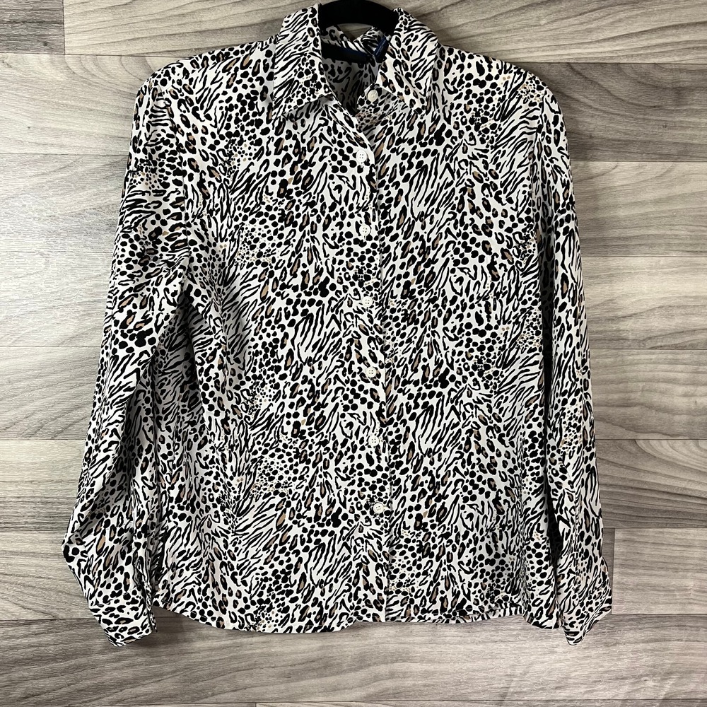 Karen Scott Button Up Shirt Womens S Petites Black Brown Leopard Long Sleeve